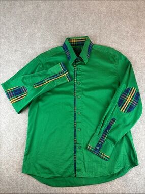 Cavalry Men's Dress Shirt Green Plaid Contrast Collar Button-Down No Size Tag